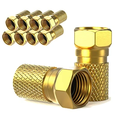 Afbeelding van 10 stuks F stekker 7 mm om vast te schroeven, verguld, rubberen afdichting, brede moer voor coaxiale antennekabel, satellietkabel, BK installaties, LNB satelliet (10x, vergulde stekker)