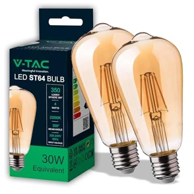 Afbeelding van V TAC 2 x LED lamp filament ST64 fitting E27 4W (komt overeen met 30 W) 350 lumen stuks vintage ledlampen van amberglas maximale efficiëntie en energiebesparing 2200 K warm wit