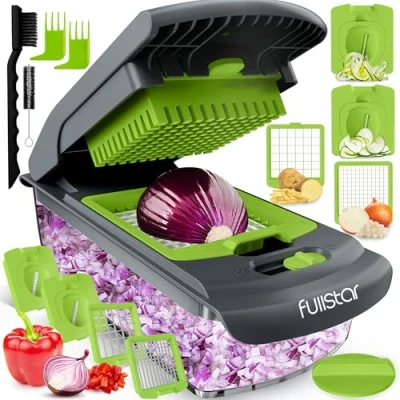 Afbeelding van Multifunctionele groentesnijder, handmatige groentesnijder en kubus, ui, wortel, komkommer, tomaten, fruit, keukenaccessoires (4 in 1 grijs/groen)