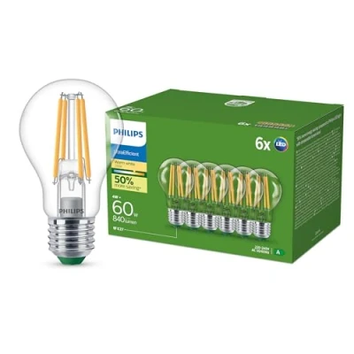 Afbeelding van Philips Ultra Efficient LED lamp, energie efficiëntieklasse A, met E27 fitting, 60 W, transparant, warm wit 2700 K, 6 verpakkingen