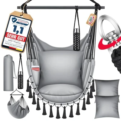 Afbeelding van KESSER® hangstoel met 2 kussens, bekerhouder en opslag voor boeken, safari XXL volwassenen kinderen, hangmat een maximale belasting van 150 kg, grijs