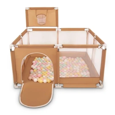 Afbeelding van Selonis Kinderbox met Mand en 400 Ballen, Beige:Pastel Beige/Pastel Geel/Wit/Mint/Poeder Roze
