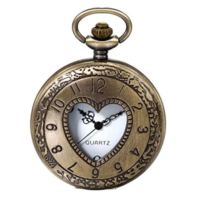 Afbeelding van JewelryWe Ferma hart kwarts zakhorloge bronzen kleur ketting klassiek horloge, brons, hartvormig.