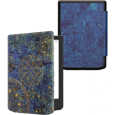 Afbeelding van kwmobile E reader hoesje geschikt voor Pocketbook Verse / Pro Color Vivlio Light HD hoes flip case met magnetische sluiting Ereader cover Mandala design in geel donkerblauw