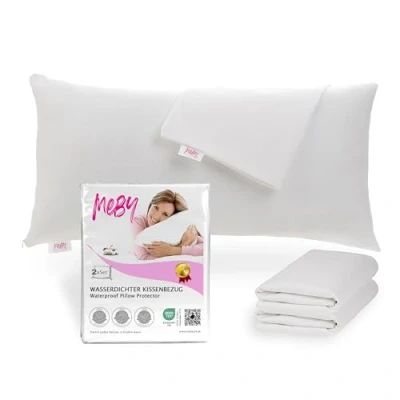 Afbeelding van Set van 2 waterdichte katoenen kussenbeschermers met verborgen ritssluiting, ademend, vochtbescherming, elastisch, wit, zonder crunches (40 x 80 cm)