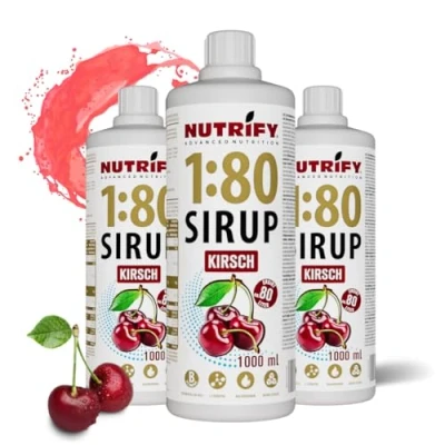 Afbeelding van NUTRIFY Vital Fitness Drink 3 flessen siroop 1:80, x 1 l, kersen, drankconcentraat met vitaminen en L carnitine zonder suiker, voor 240 liter sportdrank, laag in