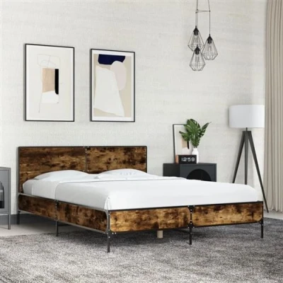 Afbeelding van vidaXL Bedframe bewerkt hout metaal gerookt eikenkleurig 135x190 cm