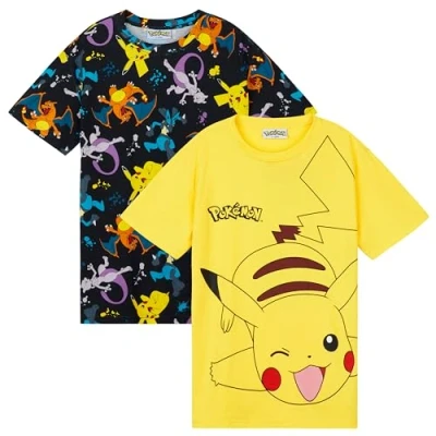 Afbeelding van Pokemon Pikachu T shirt voor kinderen met ronde hals, cadeau kinderen, 2 stuks, Zwart/Geel