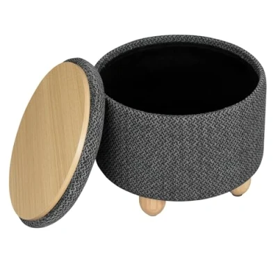 Afbeelding van WOLTU poef met deksel, voetensteun van linnen, groot, rond, ruimtebesparend, grenenhouten poten, voor woonkamer, hal, slaapkamer, Ø 39 x 33 cm, donkergrijs, SH77dgr