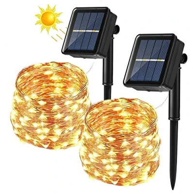 Afbeelding van BrizLabs 2 stuks lichtsnoeren op zonne energie voor buiten, 12 m, 120 leds, koperdraad, waterdicht, 8 modi, kerstboom, terras, binnenplaats, bruiloftsfeest, warmwit