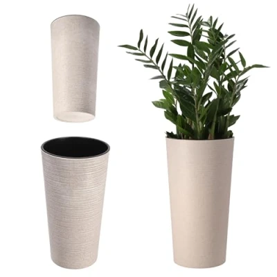 Afbeelding van KADAX bloempot met houtsnippers, elegante plantenbak, verwijderbare inzet, tuinpot, bescherming voor kantoor, de tuin, diameter 30 cm, crème