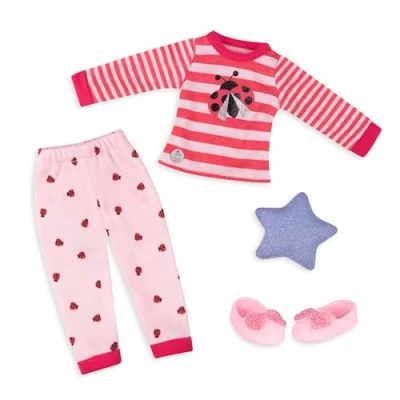 Afbeelding van Glitter Girls Kleding voor poppen van 36 cm, lieveheersbeestje pyjama bovendeel, broek en pantoffels accessoires poppen, speelgoed vanaf 3 jaar