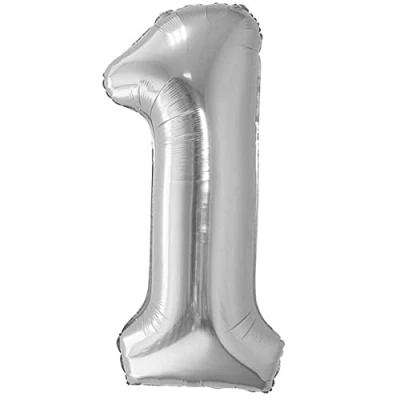Afbeelding van Jonami Ballon voor de 1e verjaardag, cijfer 1, metallic zilver, XXL, reuze, 100 cm, verjaardagsdecoratie lucht of helium