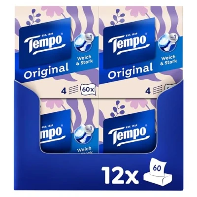 Afbeelding van Tempo Set van 12 dozen, 60 doeken per doos, extra sterk, zacht, machinewasbaar