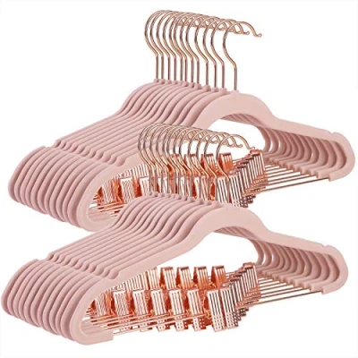 Image de SONGMICS cintres pour Pantalons, 24 pièces, 42 cm, avec Pinces réglables et Crochet Couleur Or, Cintre en Velours antidérapant, Gain de Place, Jupes, Rose Clair CRF14PK24, Standard