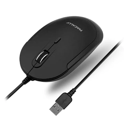 Afbeelding van Macally Stille bekabelde muis Slanke en compacte USB voor Apple Mac of Windows PC, ontworpen met optische sensor dpi schakelaar, eenvoudige handige computermuis (zwart)