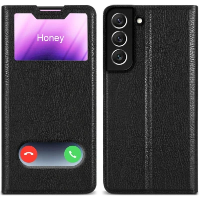 Afbeelding van Cadorabo Hoesje geschikt voor Samsung Galaxy S22 in KOMEET ZWART Beschermhoes met magnetische sluiting, standfunctie en 2 kijkvensters Book Case Cover Etui