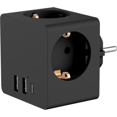 Afbeelding van Accezz 6 in 1 Verdeelstekker met USB A en C Poorten 3 Stopcontacten 4000W Snellader Powercube Stekkerdoos Zwart
