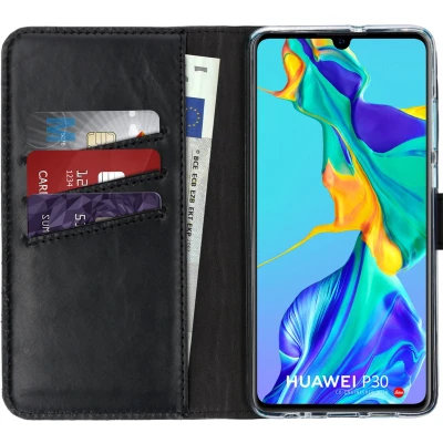 Afbeelding van Selencia Hoesje Geschikt voor Huawei P30 Met Pasjeshouder Echt Lederen Bookcase Zwart