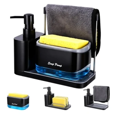 Afbeelding van Afwasmiddeldispenser, keukenset, zeepdispenser keuken met dienblad en sponshouder, navulbaar, geschikt voor keukenspoelbak