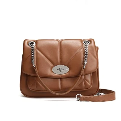 Afbeelding van David Jones Gewatteerde schoudertas voor dames handtas kettingen schouders van kunstleer klaptas, tourniquet schooltas, middelgroot, elegant, modieus, chic, Cognac bruin, Chique