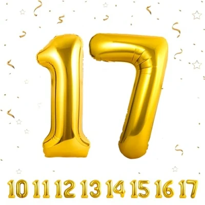 Afbeelding van Verjaardagsballonnen 17 goud 100 cm ballon cijfer 17, nummer Happy Birthday decoratie, ballonnen, verjaardagsfeest, jaren vliegen dankzij helium