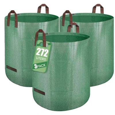 Afbeelding van Tuinafvalzak, groene afvalzak, 3 x 272 l, vrijstaande tuinzakken, grote tas met handgrepen, waterdicht, opvouwbaar en herbruikbaar, tuinafvalzakken, plantenzak, tuin