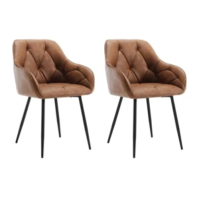 Afbeelding van WOLTU EZS03br 2 Set van eetkamerstoelen, keuken, woonkamer, ergonomisch, met armleuningen, gestoffeerd, vintage kunstleren zitting, metalen poten, bruin