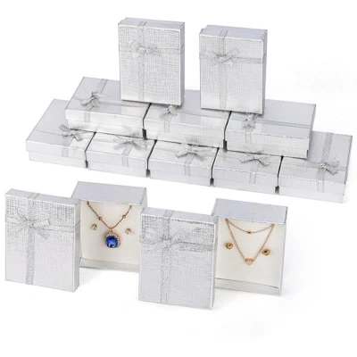 Afbeelding van Kurtzy 12 Stuks Zilveren Papieren Sieraden Display Geschenkdozen 9 x 7 cm Kartonnen Set Verpakkingsdoosjes met Schuimrubberen Inzetstukken Voor Oorbellen, Kettingen, Armbanden en Ringen