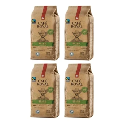 Afbeelding van 4 x 500 g Café Royal Brasil Classico geroosterde koffiebonen praktisch formaat zakken van 0,5 kg intensiteit 3/5 bonen 100% duurzame Arabica uit Brazilië Fairtrade gecertificeerd