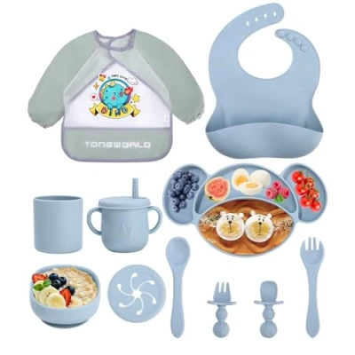 Afbeelding van Jissta 11 stuks babyborden van siliconen voor baby&#039;s, kinderborden met zuignap, waterdicht, antislip borden, BPA vrij (blauw)