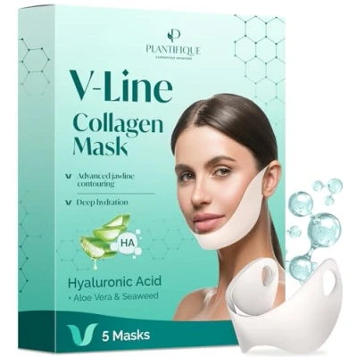 Afbeelding van Plantifique Double Menton V Line gezichtsmasker 5 maskers voor het verstevigen en van de huid kaakverkleiner beeldhouwer collageen hydrogel masker met aloë vera kaaklijn shaping