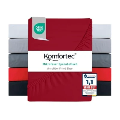 Image de Komfortec Drap housse en microfibre 180 x 200 cm doux avec bord élastique pour matelas jusqu&#039;à 30 Rouge Certifié Oeko Tex Facile d&#039;entretien et la peau 90 g/m²