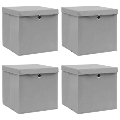 Afbeelding van Opbergboxen met deksel 4 st 32x32x32 cm stof grijs