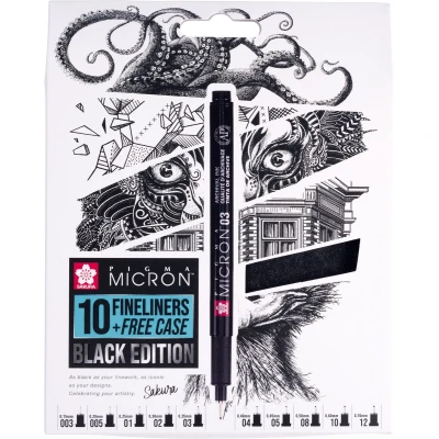 Afbeelding van Pigma Micron Black Edition set + gratis etui 10 pennen zwart