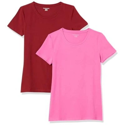 Image de Amazon Essentials T Shirt Col Rond à Manches Courtes Coupe Classique Women&#039;s, Pack of 2, Bordeaux/Rose, XXL