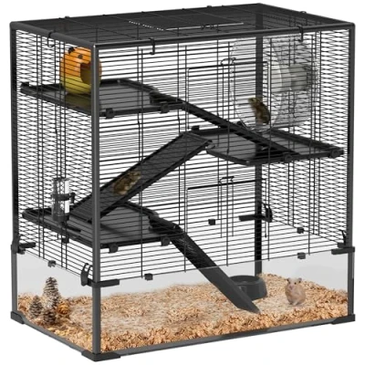 Afbeelding van PawHut Cage pour Hamsters Nains, rongeurs à 4 Niveaux avec Fond en Verre, Niche, Roue d&#039;exercice, rampes, mangeoire, Petits Animaux Nains 78,5 x 48,5 80 cm