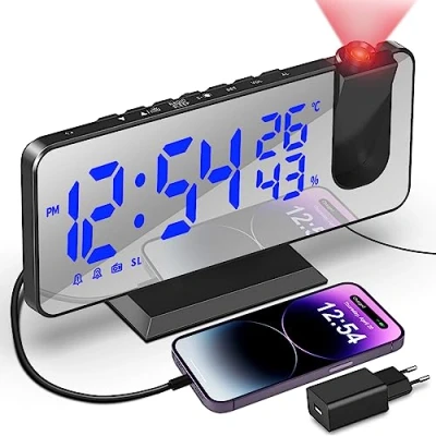Afbeelding van TAKRINK wekker met plafondprojectie, wekkerradio spiegeldisplay, 7,5 inch, temperatuur USB poort, dubbele wekker, 4 instelbare helderheidsniveaus, digitale voor de kamer
