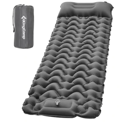 Afbeelding van KingCamp Ultralichte campingmat met geïntegreerde voetpomp, duurzame compacte opblaasbare slaapmat kussen, campingmatras voor wandelen, kamperen, grijs