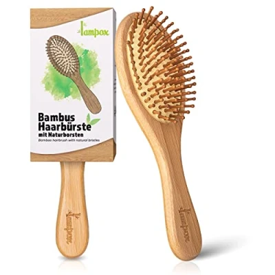 Afbeelding van Bamboe haarborstel met natuurlijke pinnen, bamboepinnen, ontwarrende borstel, antistatisch, anti kroes, krulborstel, haarborstel, dicht