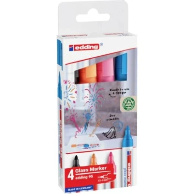 Afbeelding van edding 95 glasmarker set met 4 kleuren zwart, lichtblauw, roze, oranje ronde punt 1,5 3 mm ook geschikt voor whiteboards droog uitwisbaar