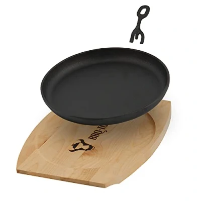 Afbeelding van BBQ Toro gietijzeren serveerpan met houten standaard (1 stuk) Ø 22 cm rond al gekookt voorbehandeld grillpan afneembare handgreep pan, paella pan