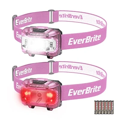 Afbeelding van EverBrite Hoofdlamp met 3 witte, rode en groene lampen, 300 lm, 5 verlichtingsmodi, verstelbare hoofdzaklamp voor vissen, kamperen, lezen, wandelen, 6 AAA batterijen inbegrepen (roze)