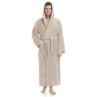 Afbeelding van Badjas voor dames met kap, kuitlengte of enkel, badstof van 100% katoen, Oeko Tex gecertificeerd, Beige