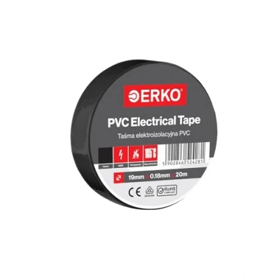 Image de ERKO Ruban isolant en PVC noir 19 mm x 20 m pour réparation de câbles électriques, très flexible avec une forte adhérence, résistant aux produits chimiques, chlorure polyvinyle, universel