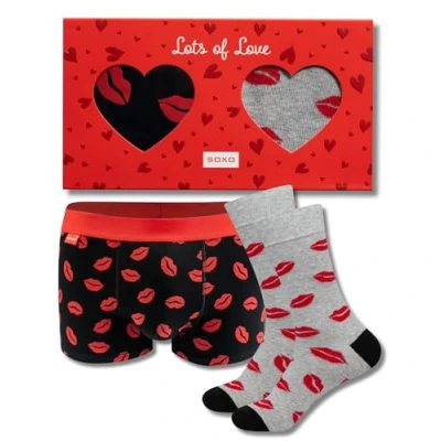 Afbeelding van soxo Valentijnsdag herensokken, boxershorts, katoen, calecon, cadeautas, set 40 45, 4 maten, Lip boxershort + sokken 45