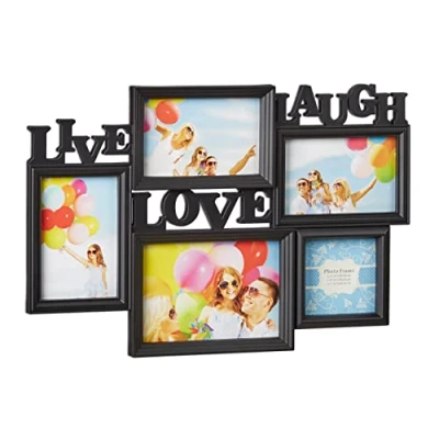 Afbeelding van relaxdays fotolijst Live Love Laugh collagelijst voor 5 foto‘s galerijlijst lijstjes zwart