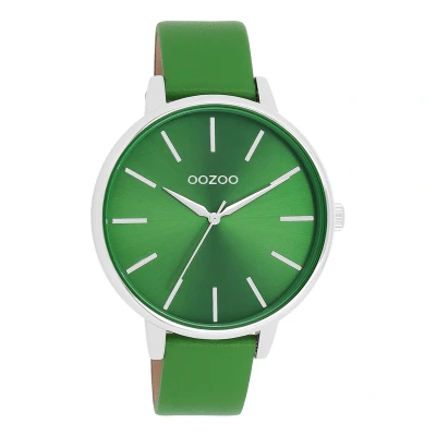 Afbeelding van OOZOO Timepieces Zilverkleurige horloge met groene leren band C11297