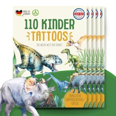 Afbeelding van MeinBaby123 550 stuks kindertatoeages Huidvriendelijk Met dinosaurussen Stickers Cadeau voor kinderen Veganistisch en Made in Germany (5 dinosaurussen)