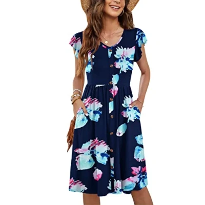 Afbeelding van MOLERANI Zomerjurk voor dames, casual, ruches, V hals, elastische taille, middellange jurk met zakken, maat S 2XL